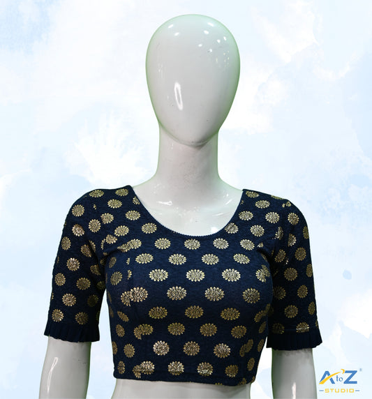 Navy Blue Crush Blouse with Golden Sunflower