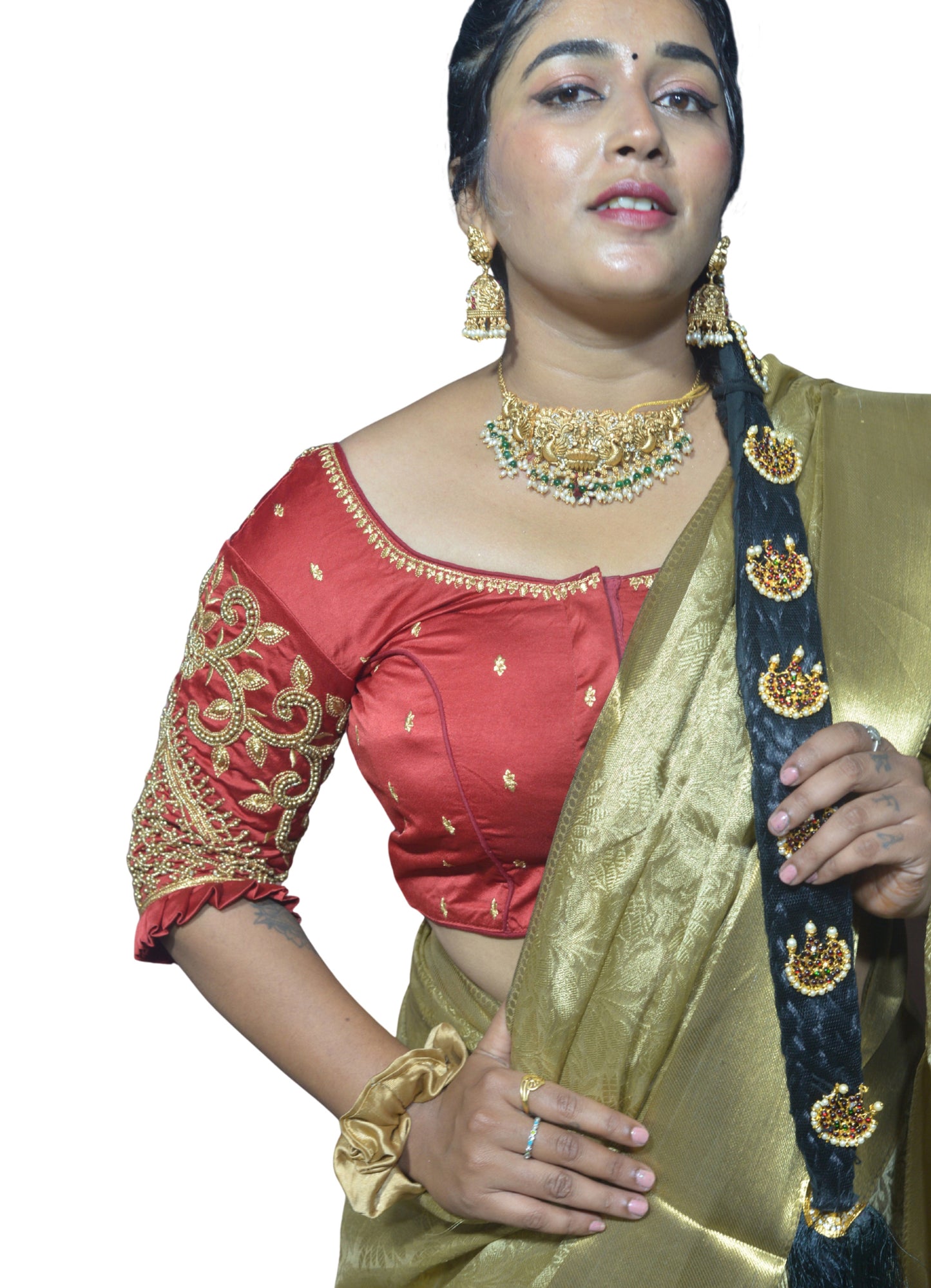 Maroon Blouse with Leaf Sleeves & Dual Embroidery