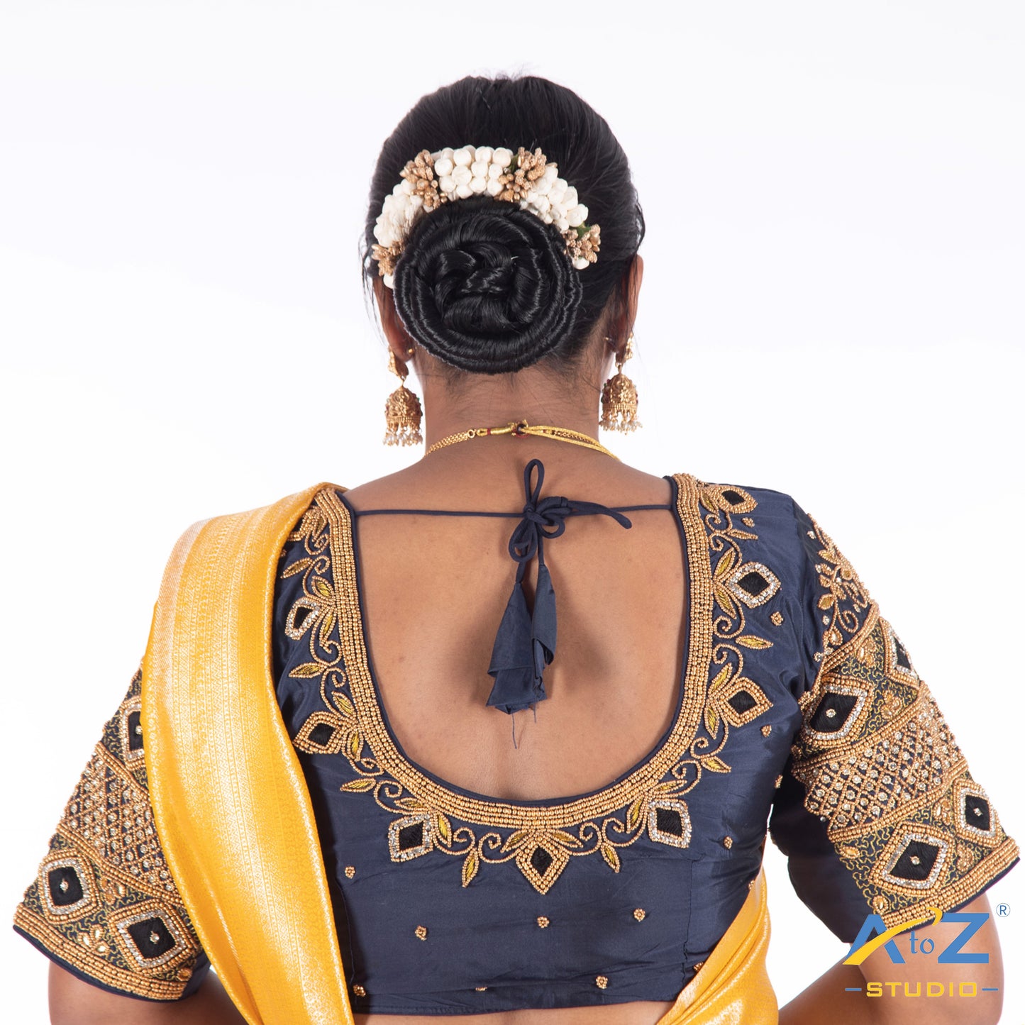 Navy Blue Silk Cloth Blouse with Kite,kundan and leaf design Design