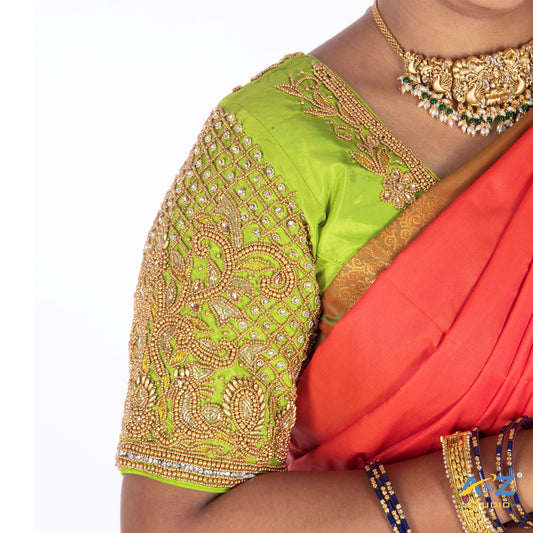 Parrot Green Silk Cloth Blouse with Small Peacock and square chain Design