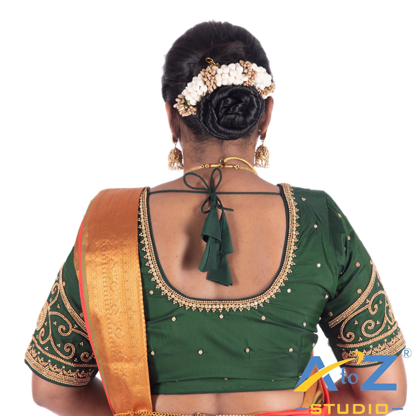 Dark Forest Green Silk Cloth Blouse with Simple plain chain design Design
