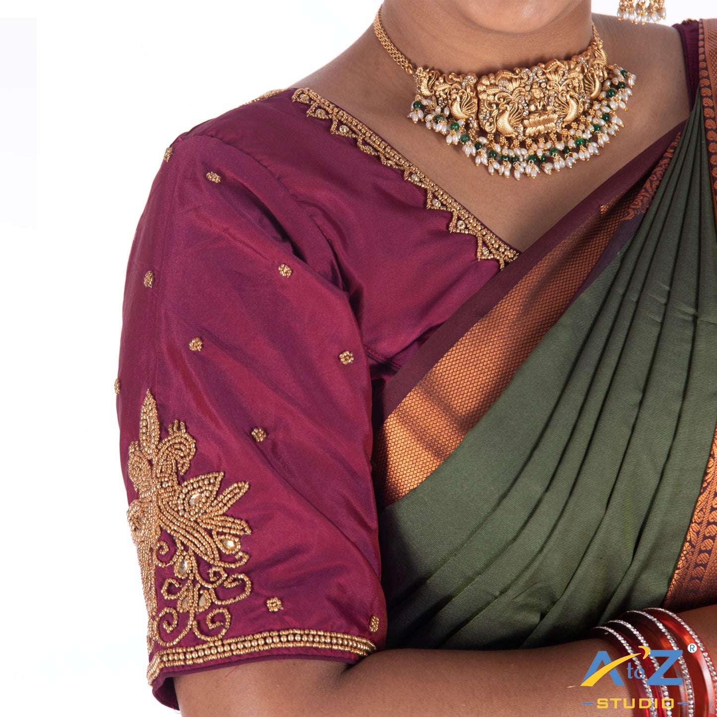 Pink Wine Silk Cloth Blouse with Chain double peacock Design