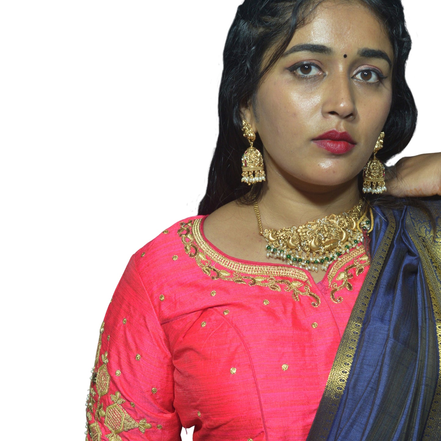 V Pink Blouse with Floral & Geometric Embroidery