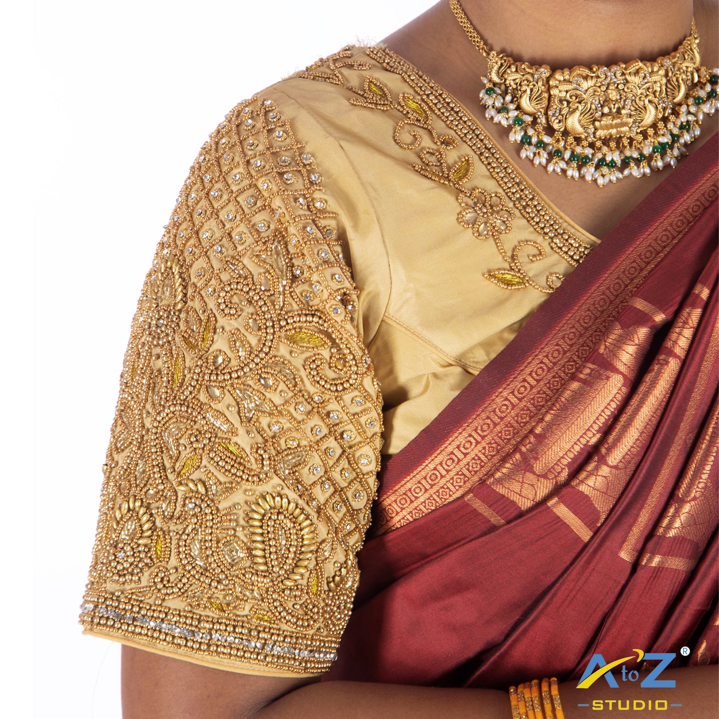 Ivory Silk Cloth Blouse with Small Peacock and square chain Design