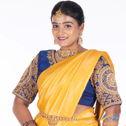 Royal Blue Silk  Blouse with Circle and kundan work Design