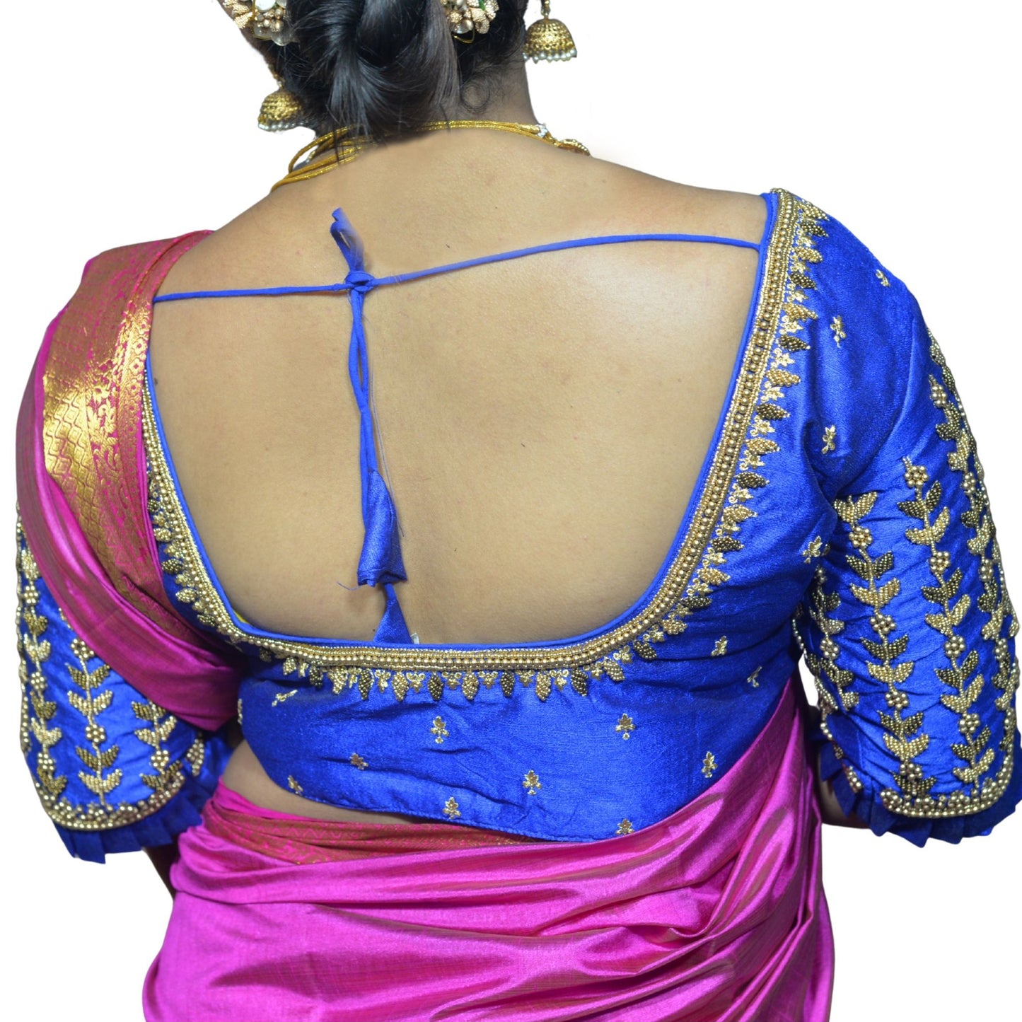 Designer Royal Blue Blouse with Leaf and Flower Sleeve Design and Aari Embroidered Back
