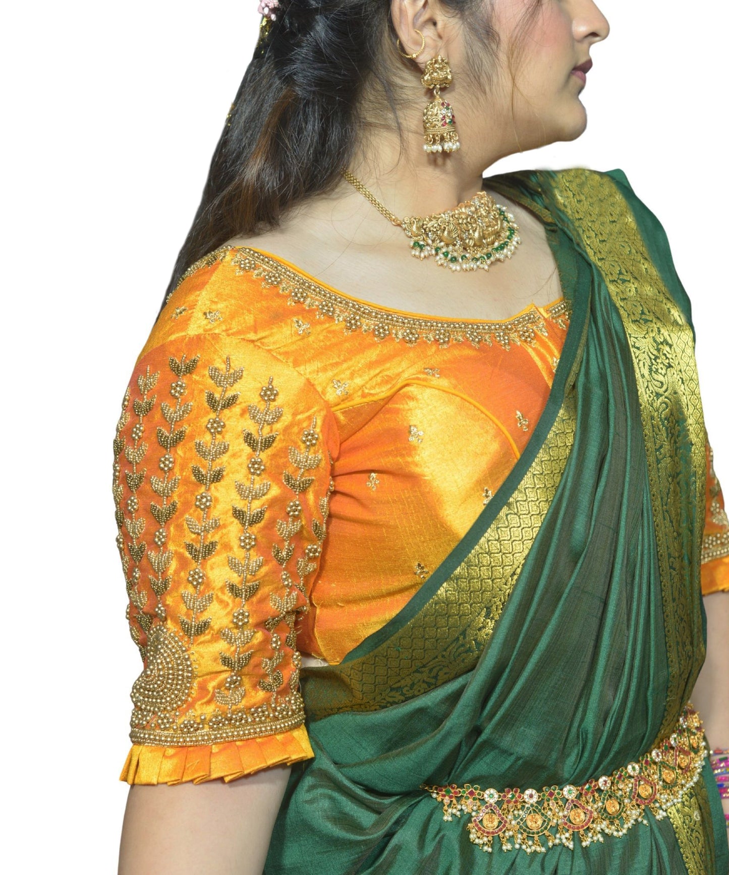 Designer Mango Blouse with Leaf and Flower Sleeve Design and Aari Embroidered Back