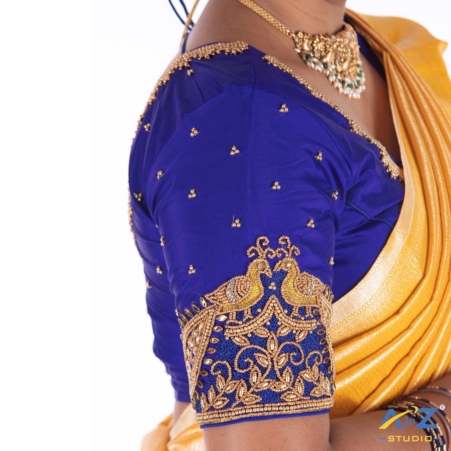 Royal Blue Silk Cloth Blouse with Double bird Design