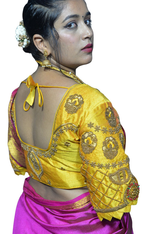 Traditional Yellow Blouse with Criss-Cross Sleeves and Lakshmi Aari Work