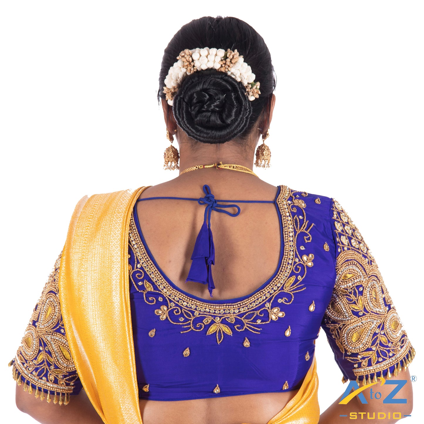 Royal Blue Silk Cloth Blouse with Mango and square flower Design