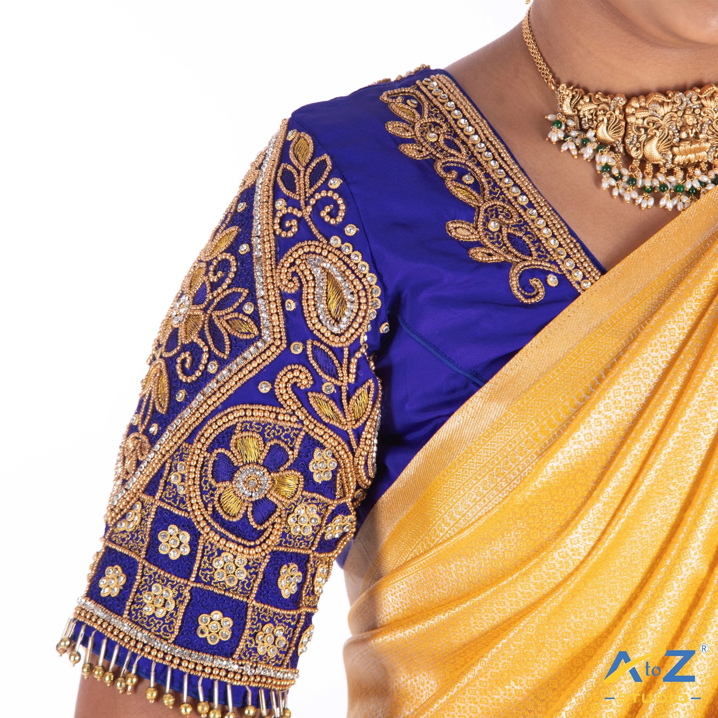 Royal Blue Silk Cloth Blouse with Kite with Flower Design