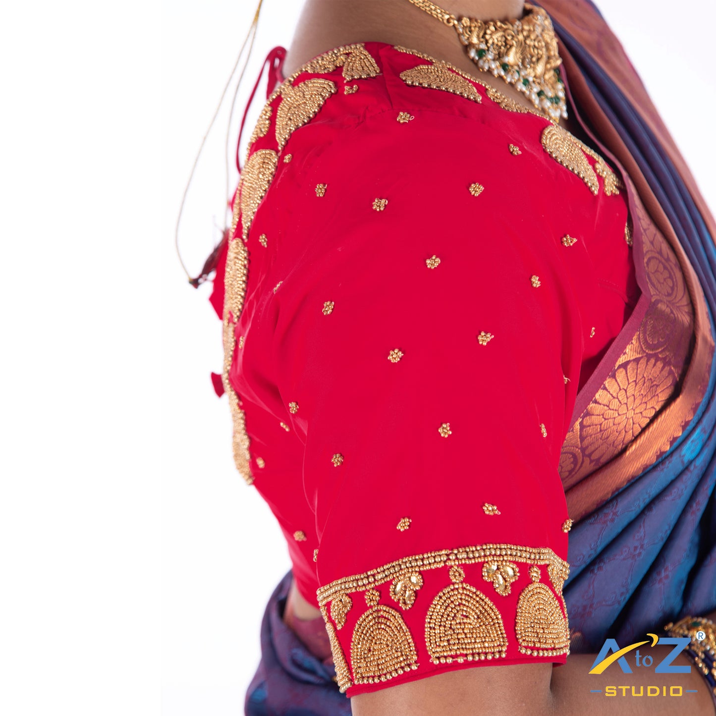 Punch Pink Silk Cloth Blouse with Jhumka design with chain Design