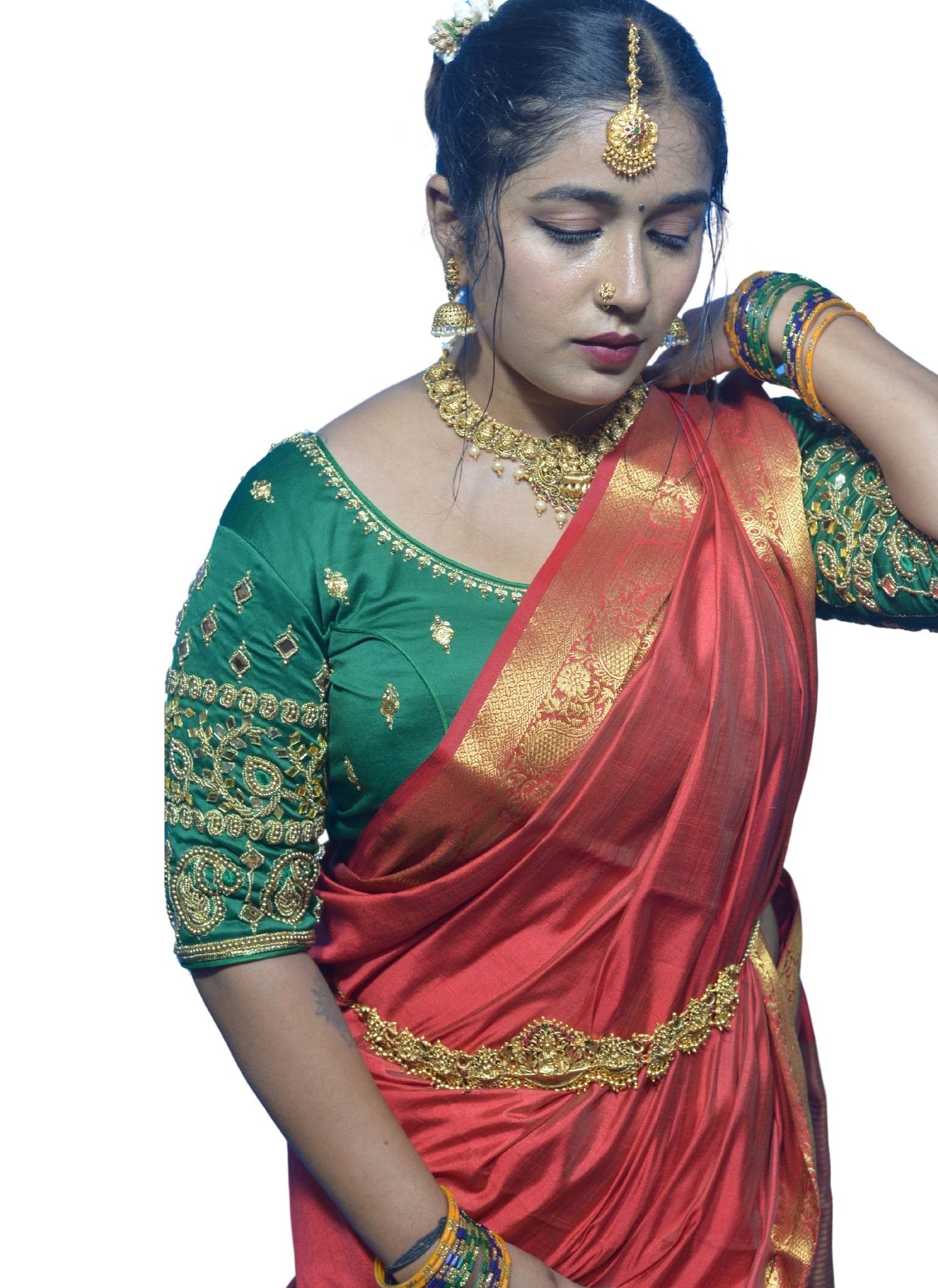 Basil Green Blouse with Kite & Mango Motifs, Dual Embroidery