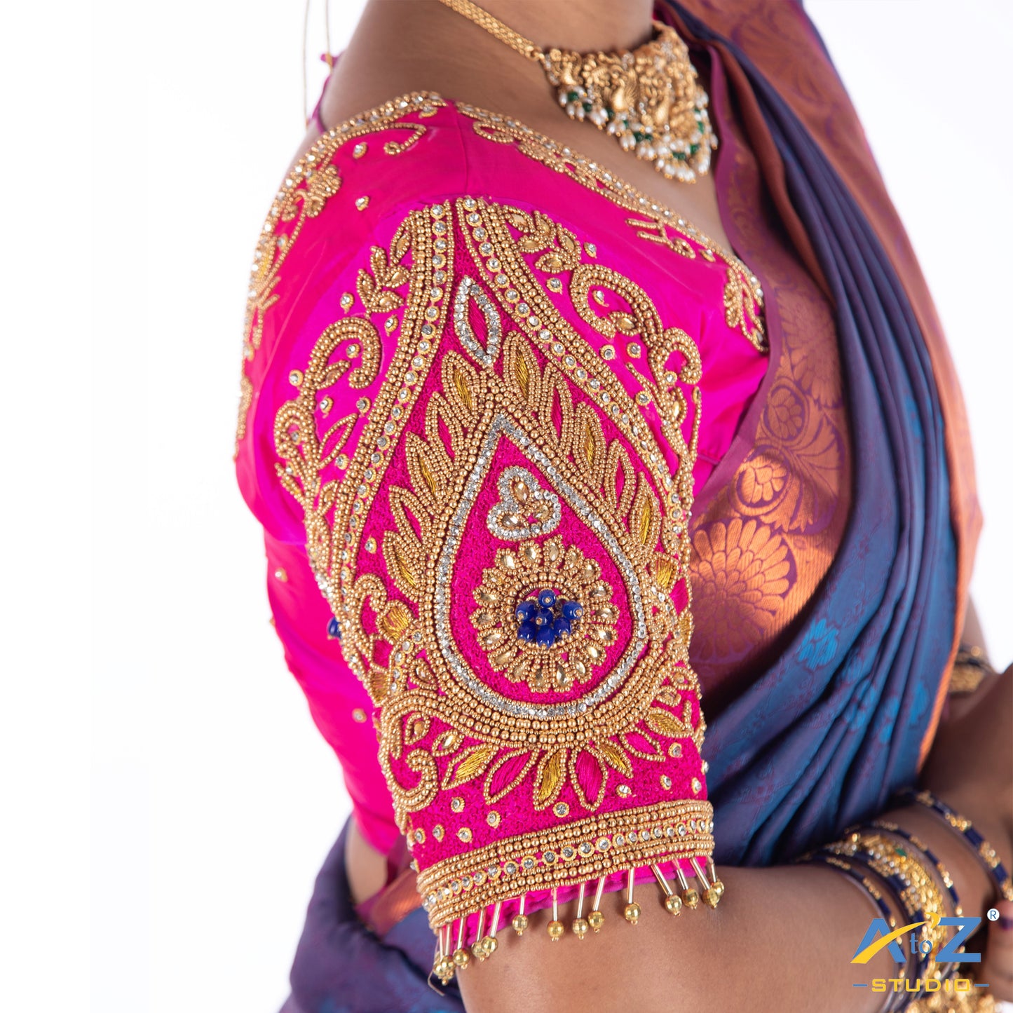 Bright Pink Silk Cloth Blouse with Rain drop nd kundan Design
