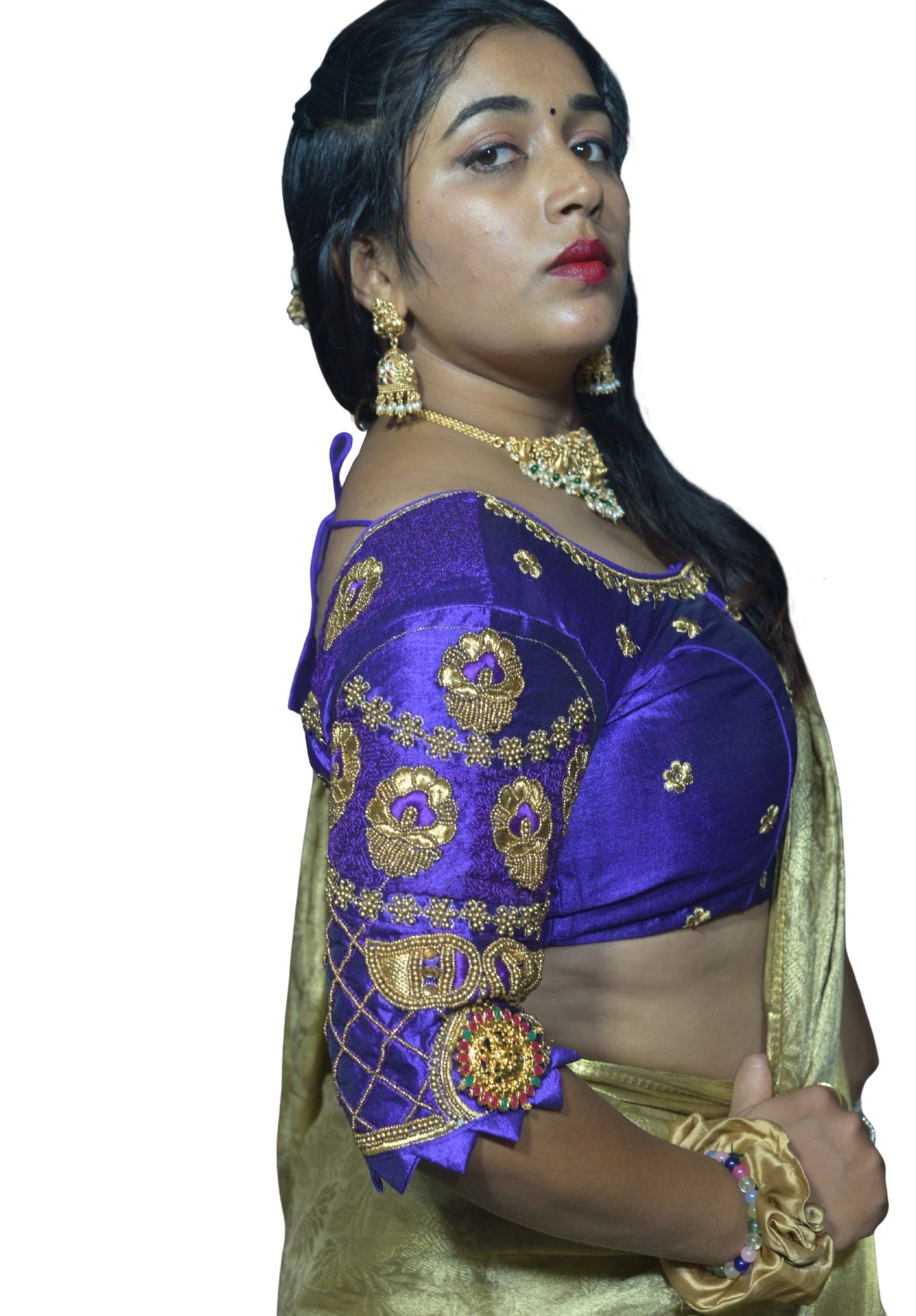 Traditional Purple Blouse with Criss-Cross Sleeves and Lakshmi Aari Work