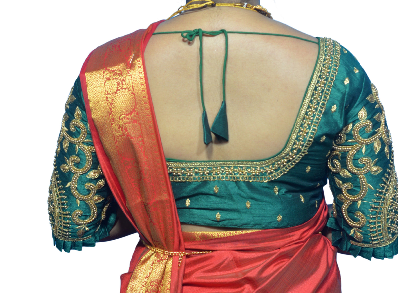 Dark Green Blouse with Leaf Sleeves & Dual Embroidery