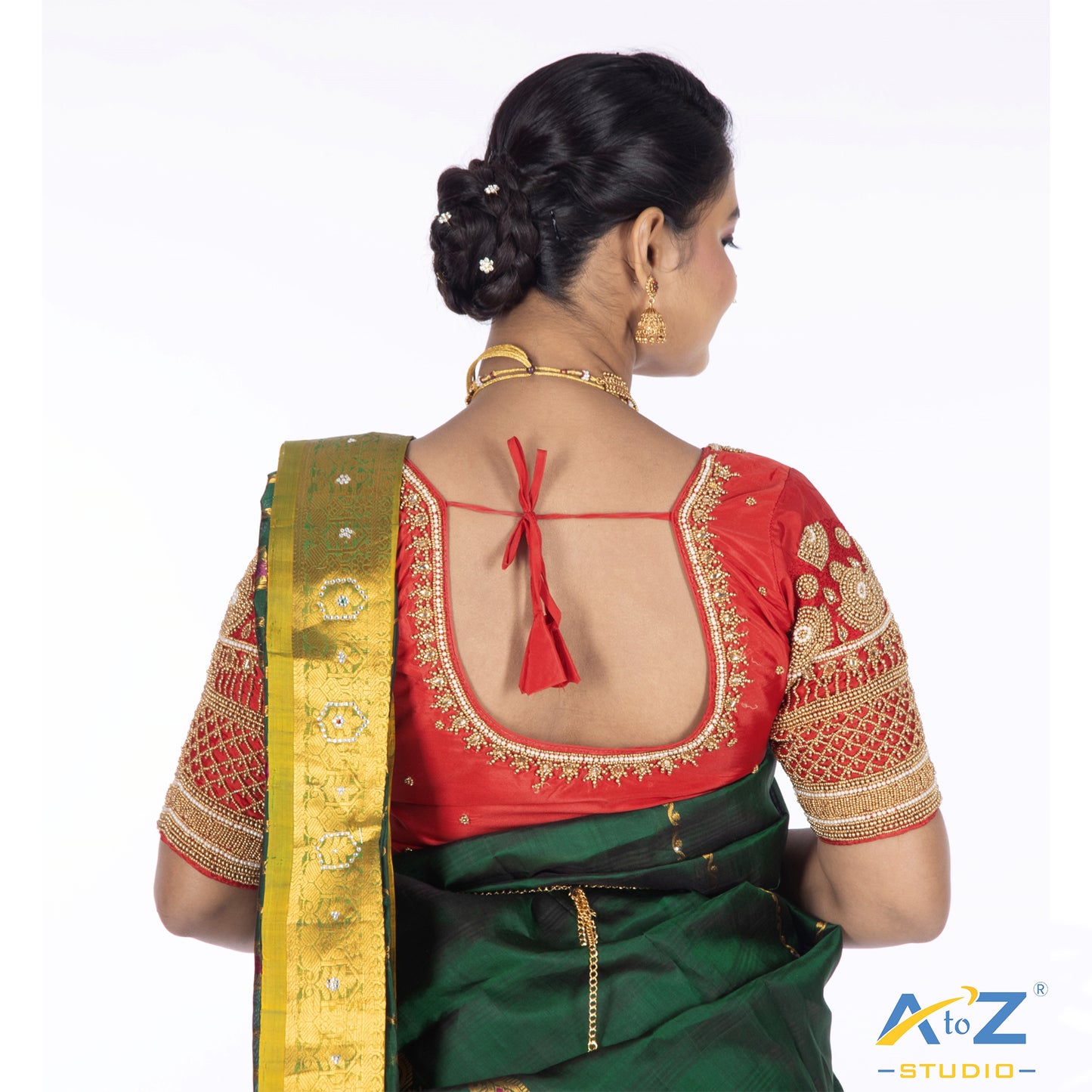 Red Silk Cloth Blouse with Jumka with chain crizz cross Design