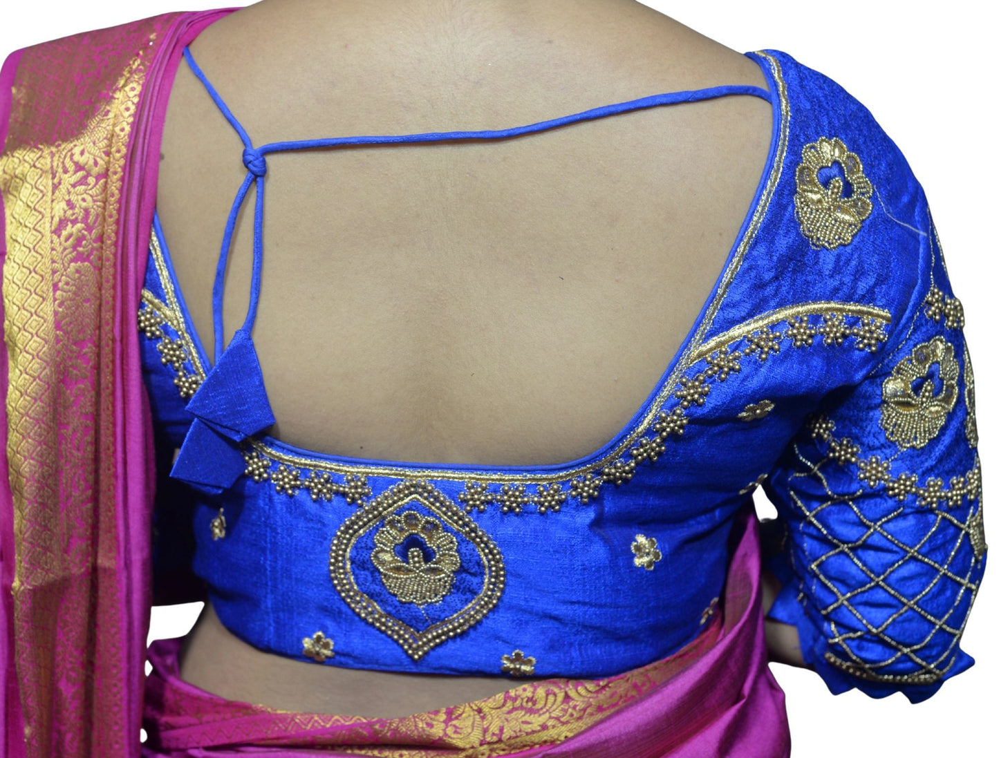Traditional Royal Blue Blouse with Criss-Cross Sleeves and Lakshmi Aari Work