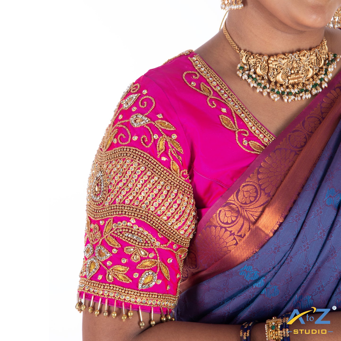 Bright Pink Silk Cloth Blouse with Drop, kubdan and leafs Design