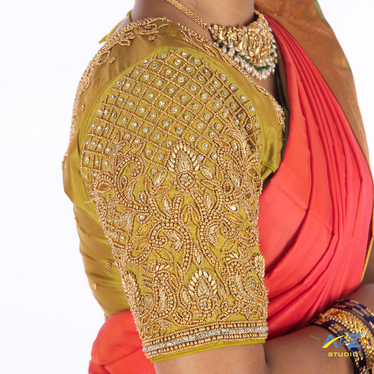 Pear Silk Cloth Blouse with Small Peacock and square chain Design
