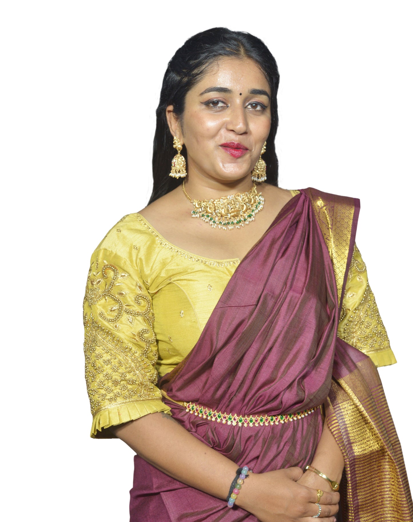Gold Blouse with Leaf Sleeves & Dual Embroidery