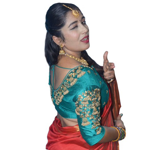 Elegant Rama Green Floral Aari Work Blouse