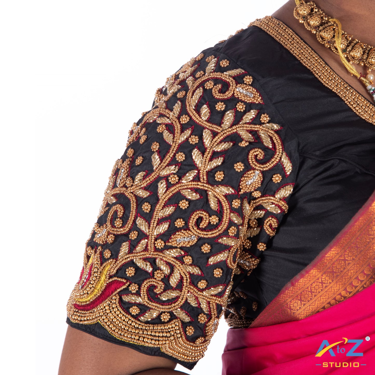 Black Silk Cloth Blouse with Back double peacock and kundan Design