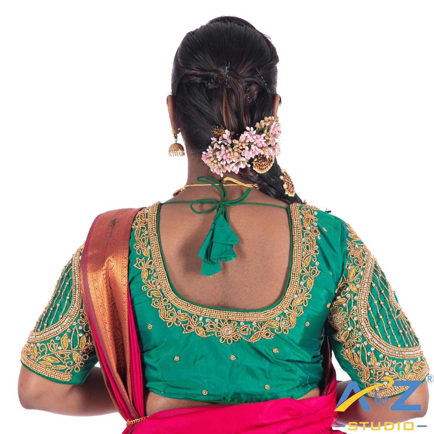 Rama Green Silk Cloth Blouse with Lotus in circle Design