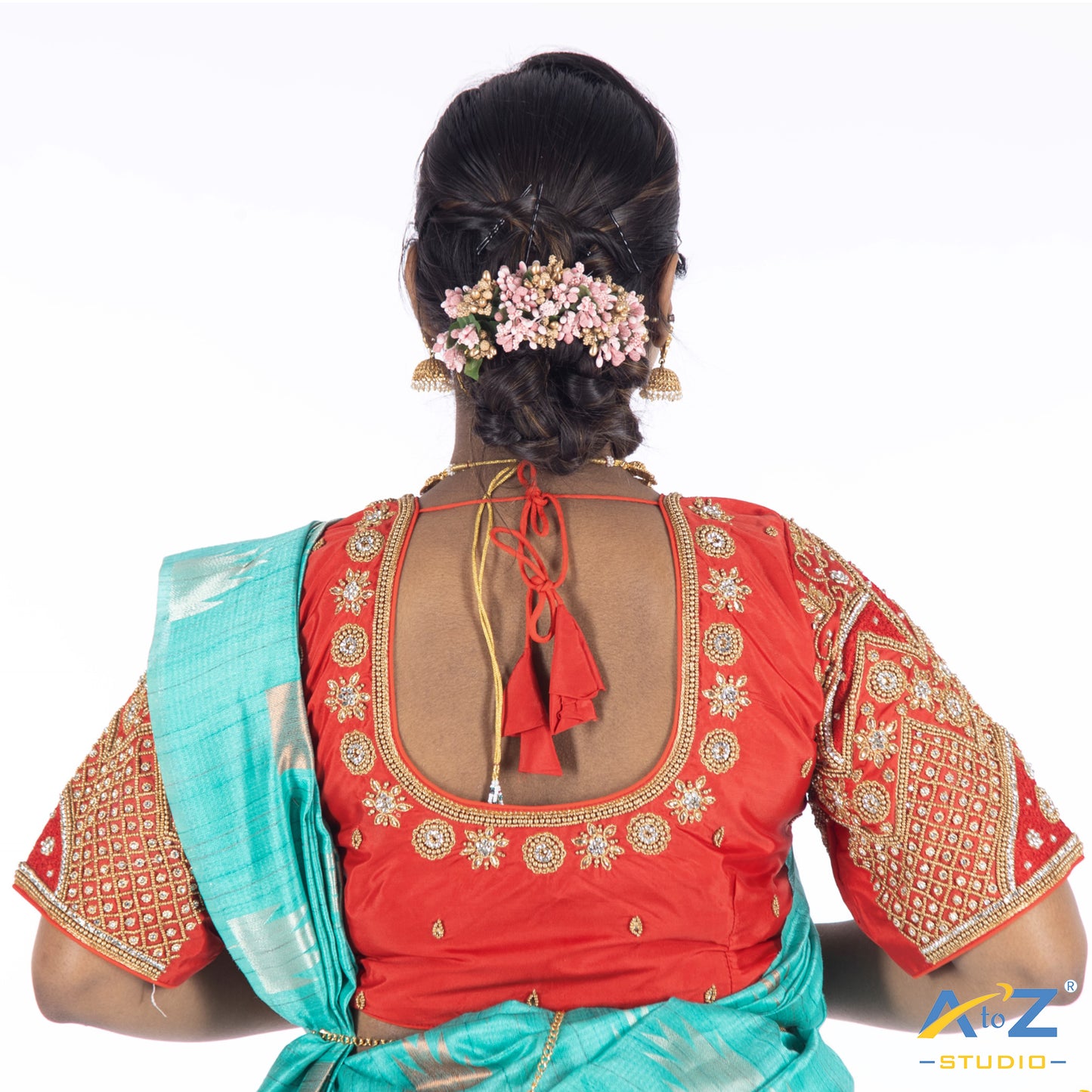 Red Silk cloth Blouse with Chain and kundan design Design
