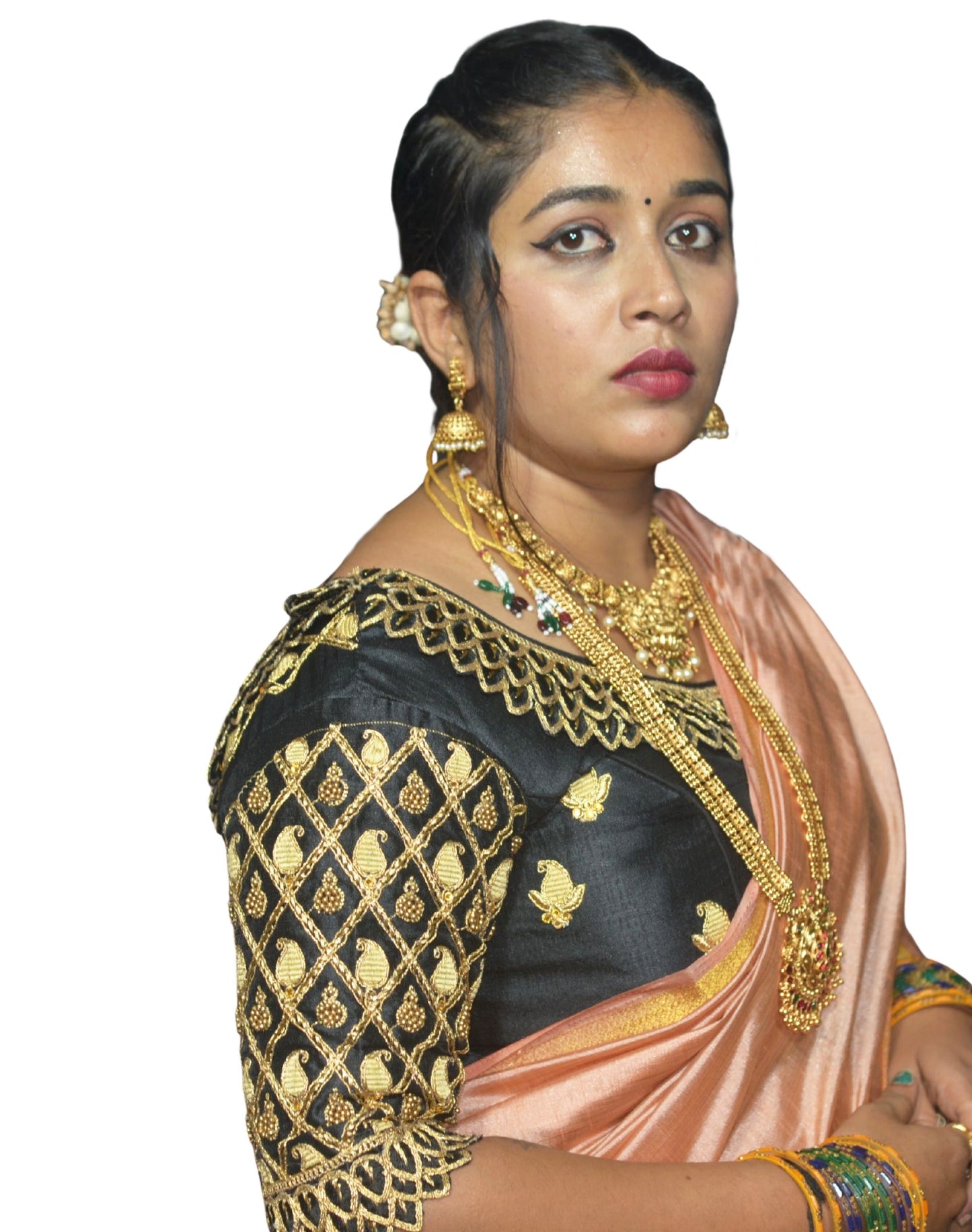 Designer Black Blouse with Criss-Cross Mango Motifs and 5D Peacock Aari Fusion Work