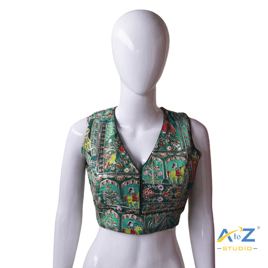 Dark Green Ethnic Blouse with Traditional Rajasthani Mirror Work & Embroidery