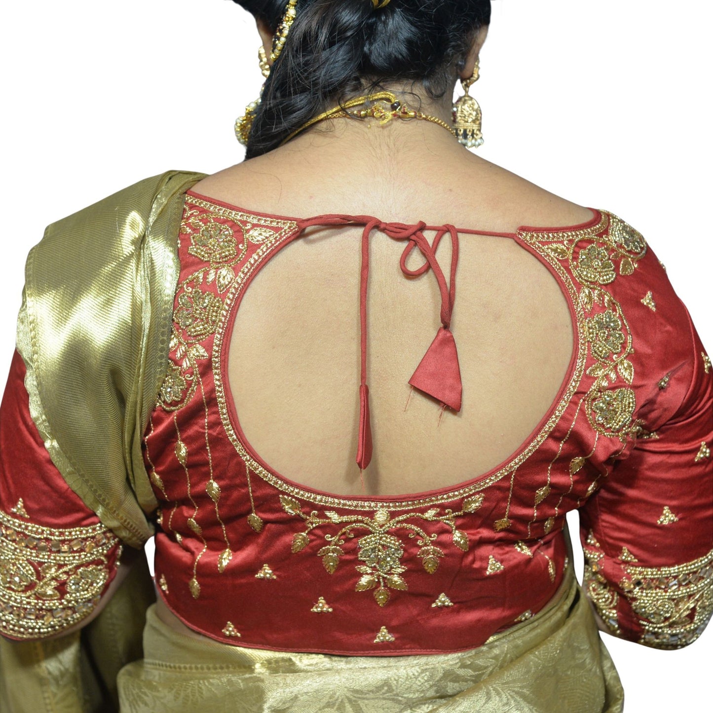 Designer Maroon Blouse with Floral and Silver Moti Sleeves and Aari Embroidered Back