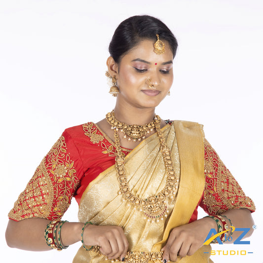 Red Silk Cloth Blouse with Leaf and flower Design