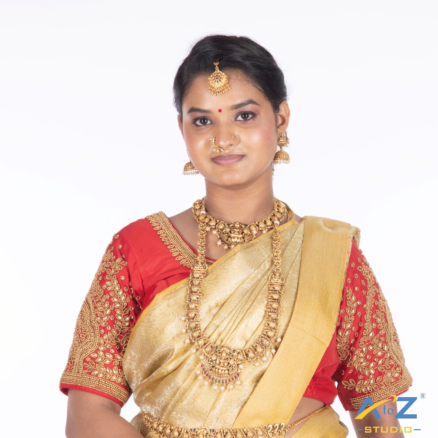 Red Silk Cloth Blouse with Small leaf and chain work Design
