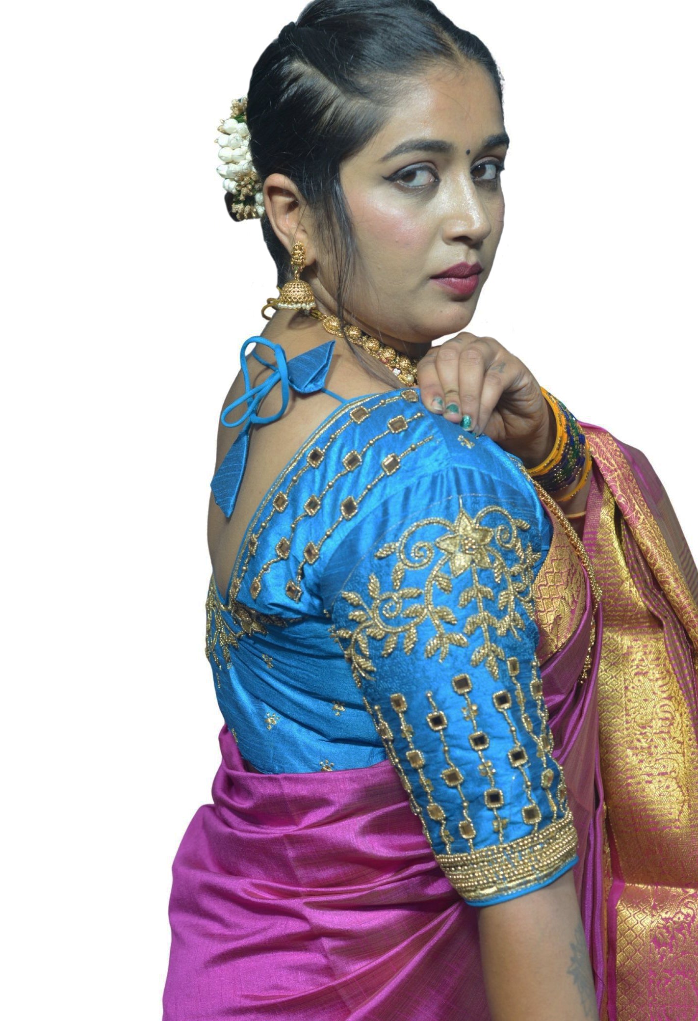 Designer Aqua Blue Blouse with 5-Petal Floral Motifs and Chain Mirror Work Sleeves