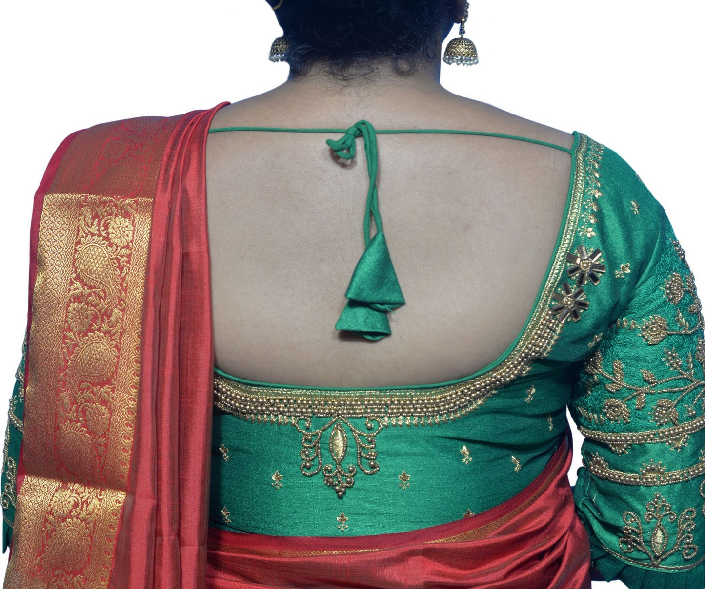 Festive Peacock Green Blouse with Diya Motif and Floral Aari Fusion Work
