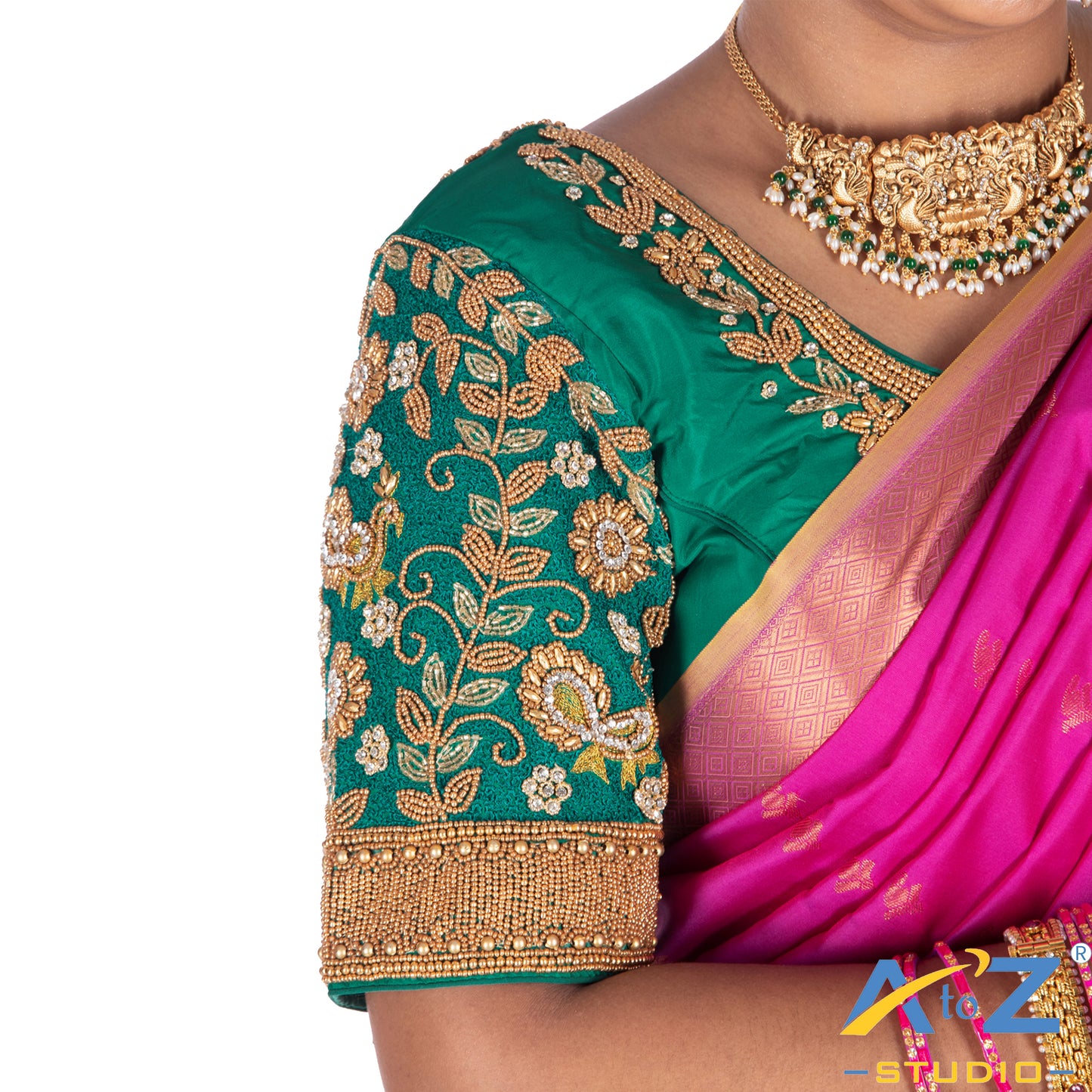 Rama Green with Aari Work Blouse with leaf and flower mixed Design