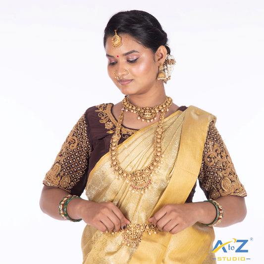 Dark brown Silk Cloth Blouse with Small Peacock and square chain Design