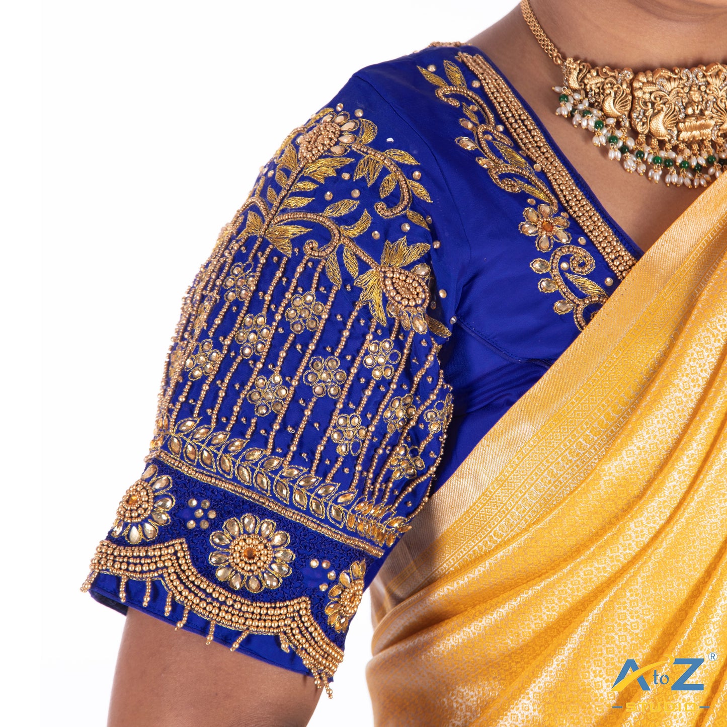 Royal Blue Silk Cloth Blouse with Flower and chain Design