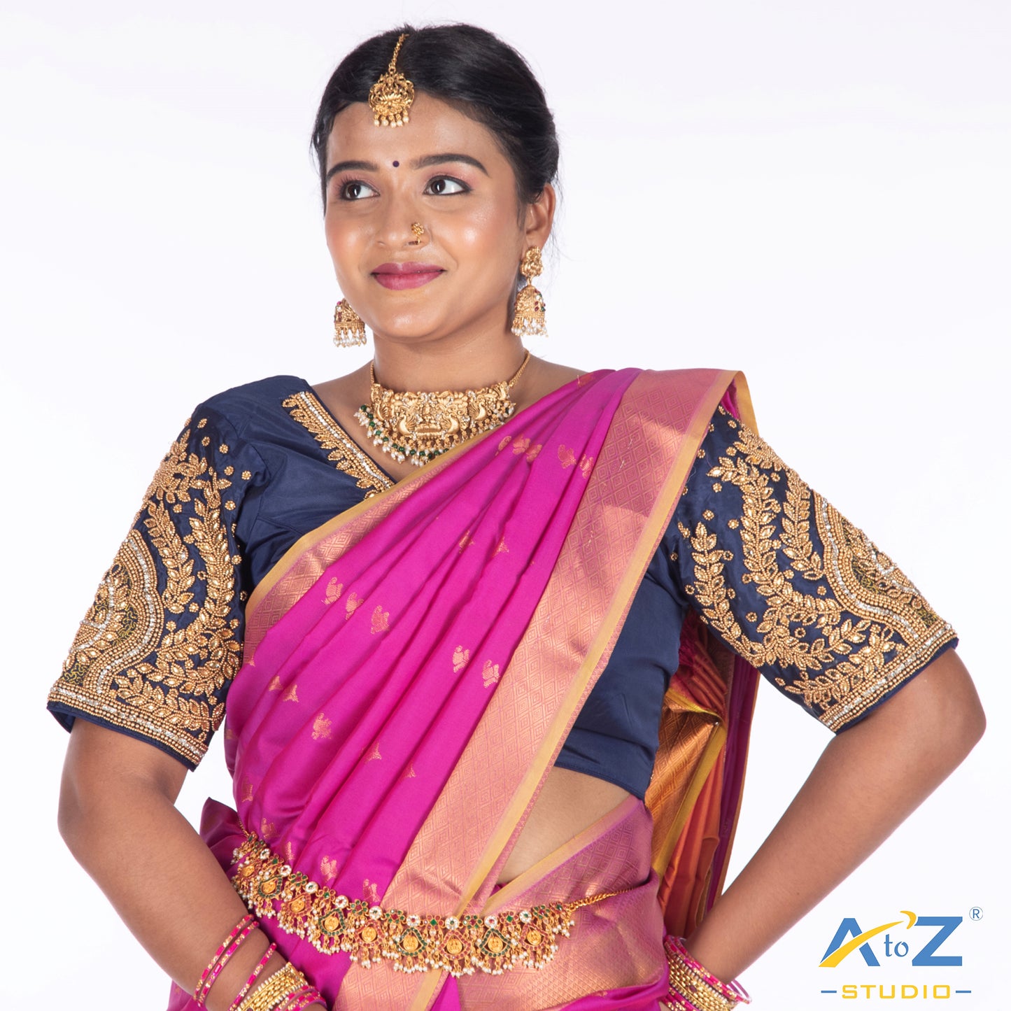 Navy Blue Silk Cloth Blouse with Small leaf and chain work Design