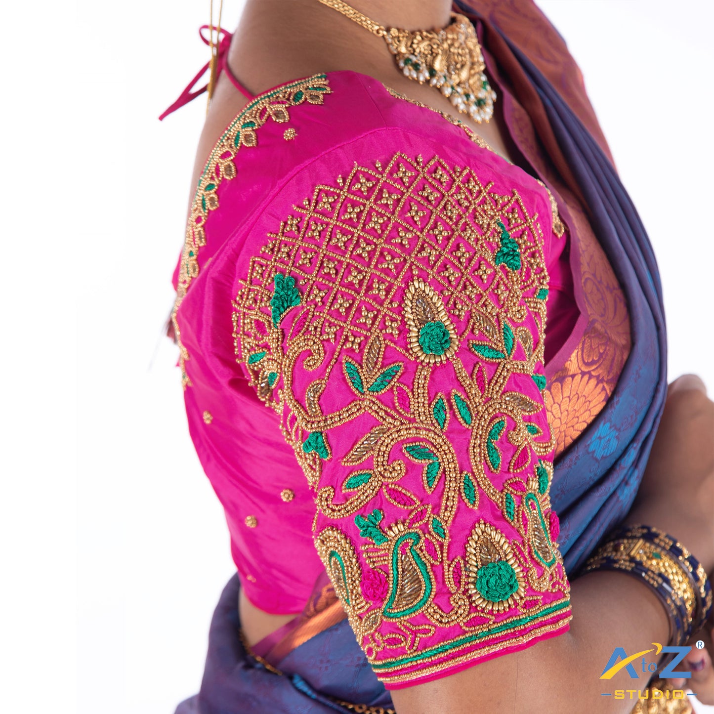 Bright Pink Silk Cloth Blouse with Bird and leafs and flowers Design