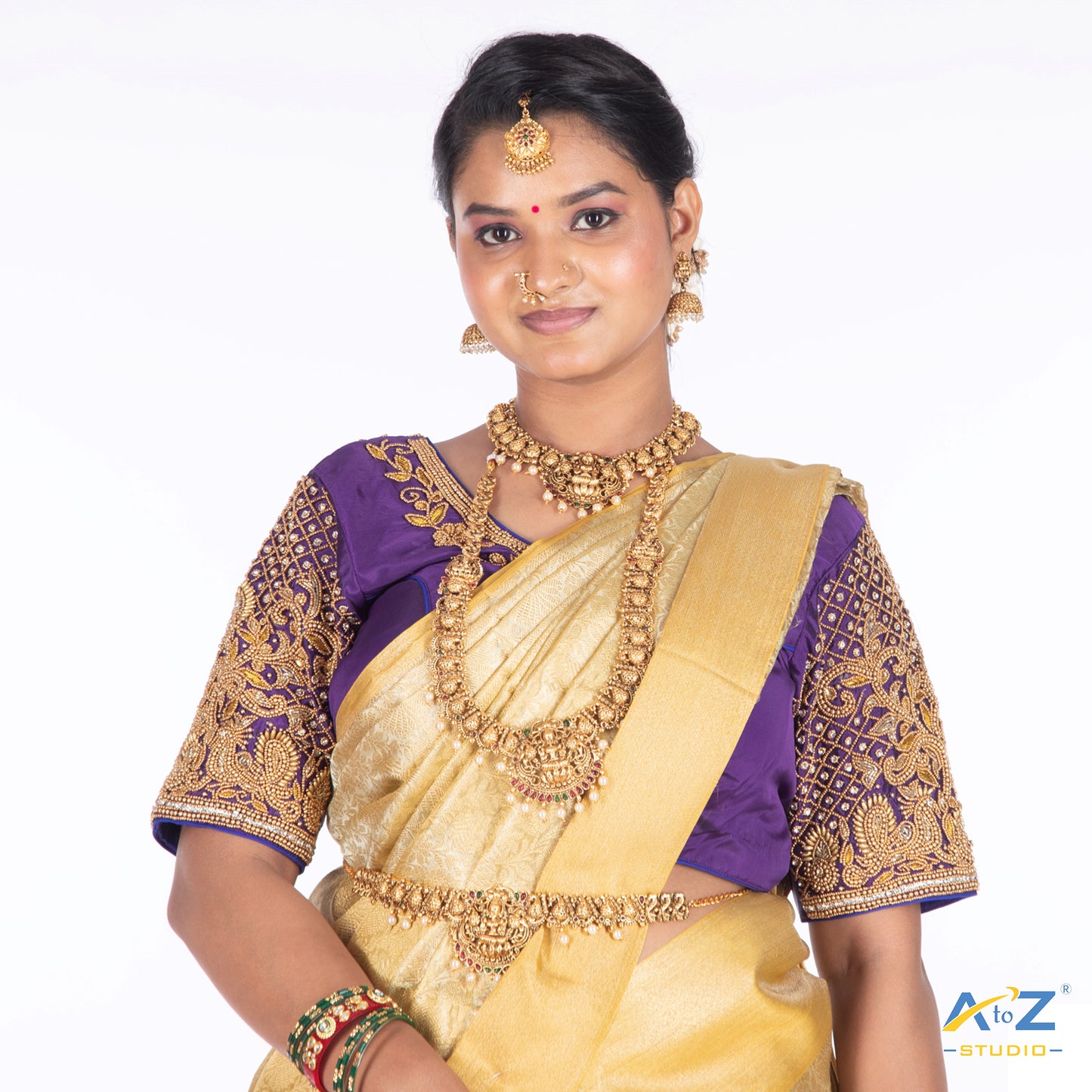 Purple Silk Cloth Blouse with Small Peacock and square chain Design