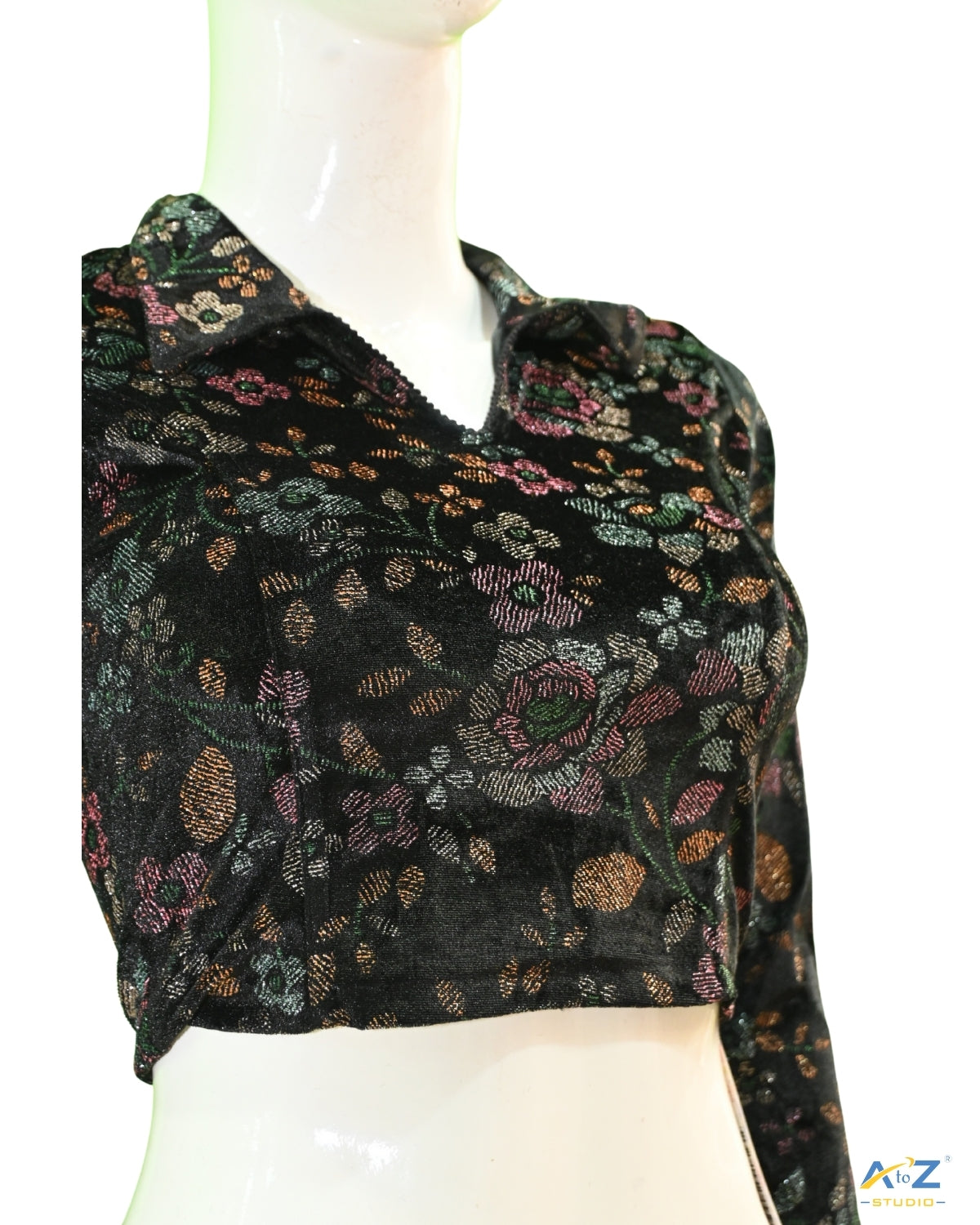 Black  Velvet Blouse with Floral Prints