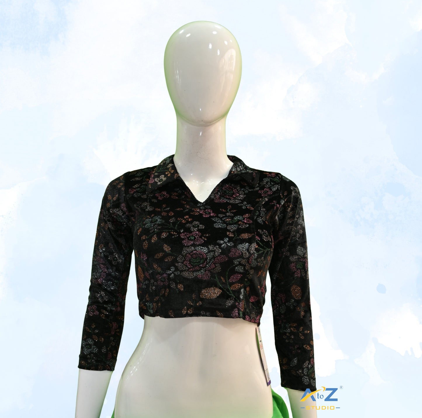 Black  Velvet Blouse with Floral Prints