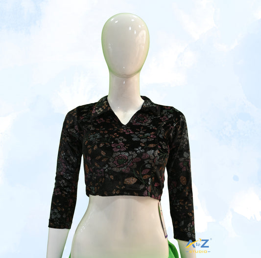 Black  Velvet Blouse with Floral Prints