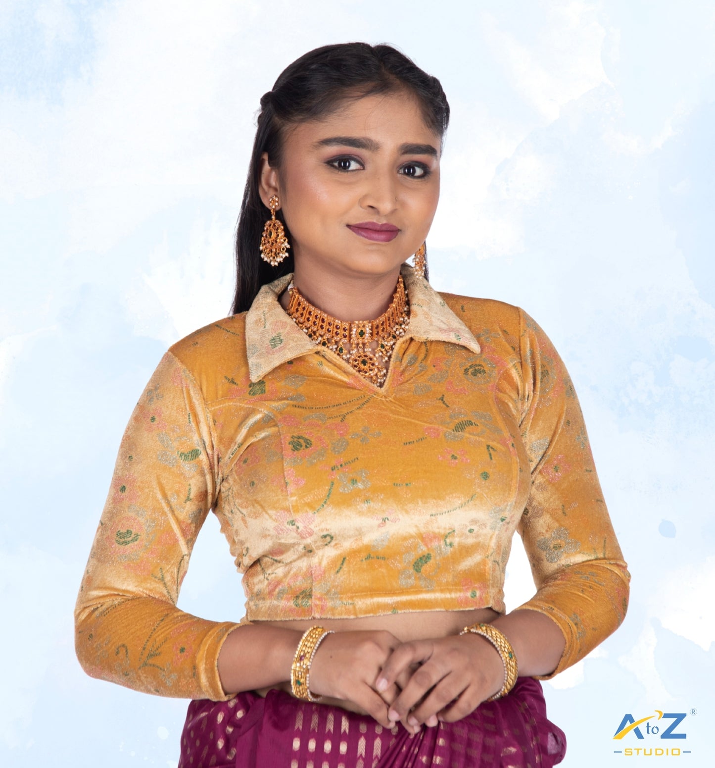 Dark Chiku Velvet Blouse with Floral Prints