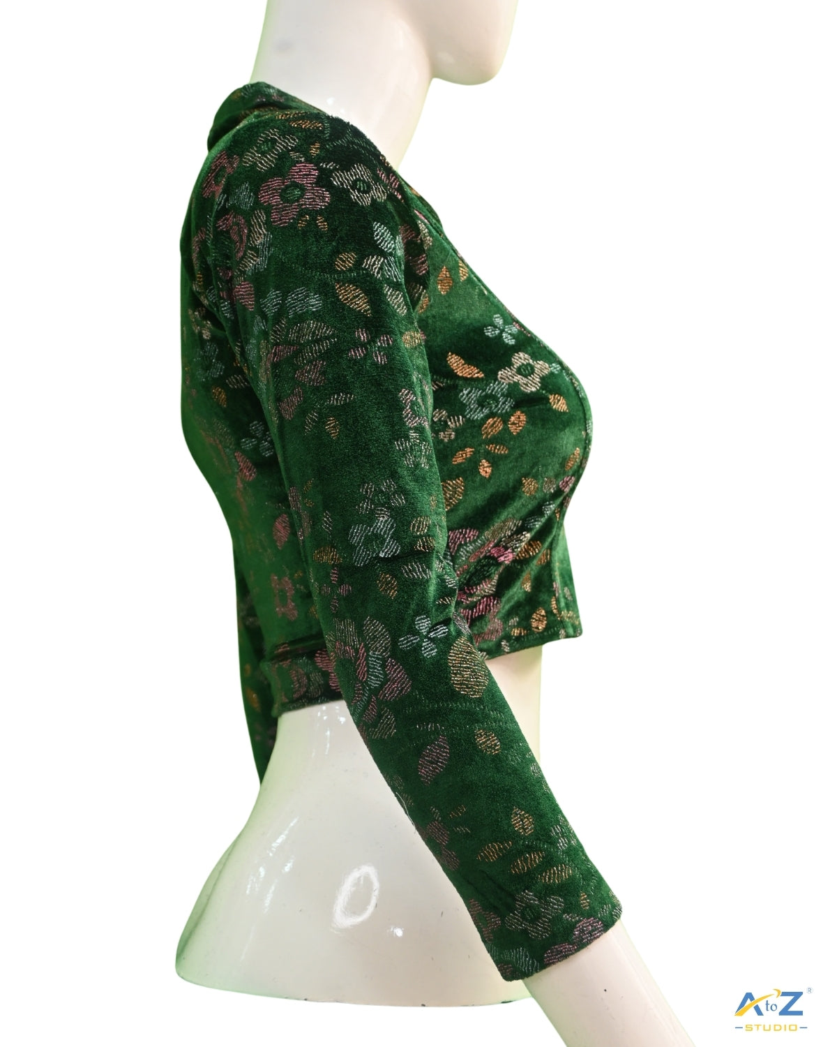 Dark Green Velvet Blouse with Floral Prints