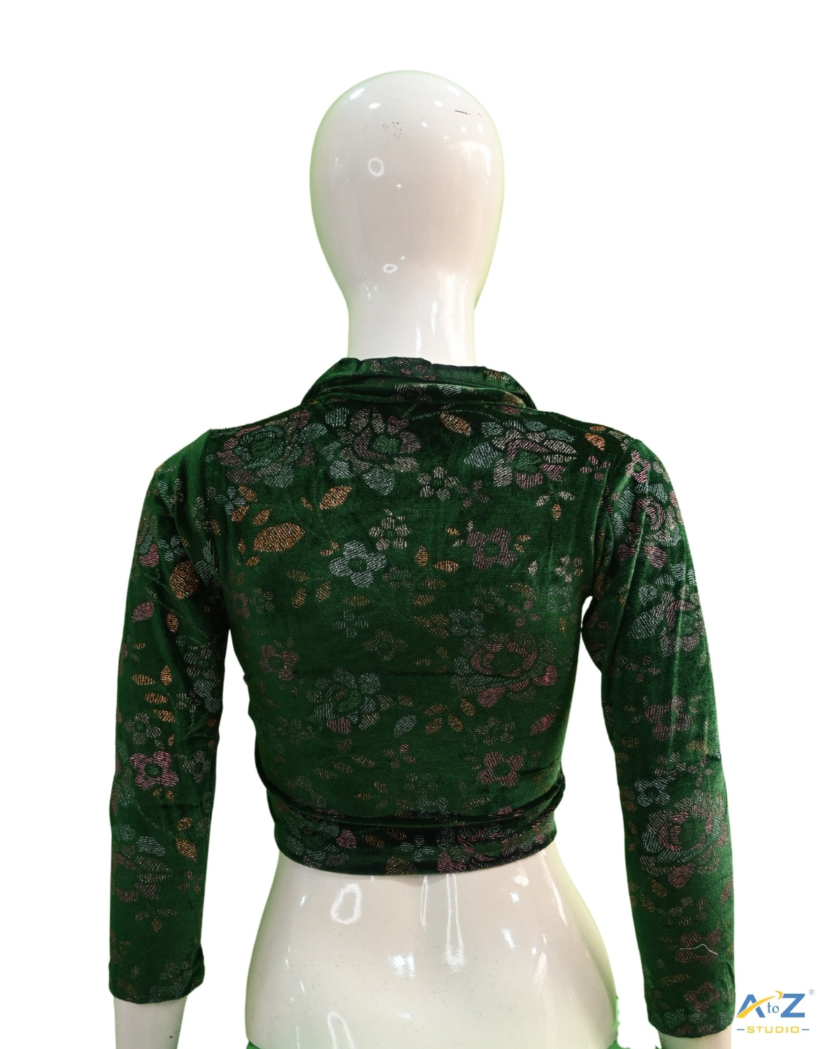 Dark Green Velvet Blouse with Floral Prints