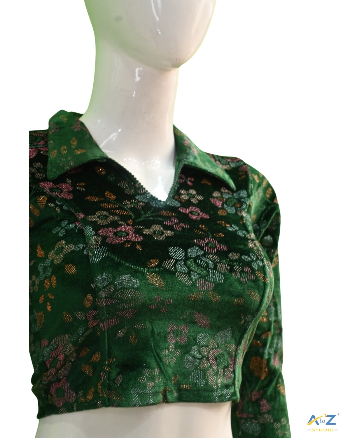 Dark Green Velvet Blouse with Floral Prints