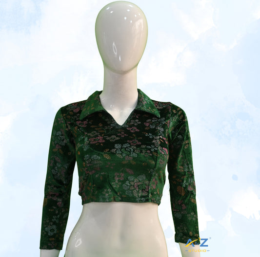 Dark Green Velvet Blouse with Floral Prints